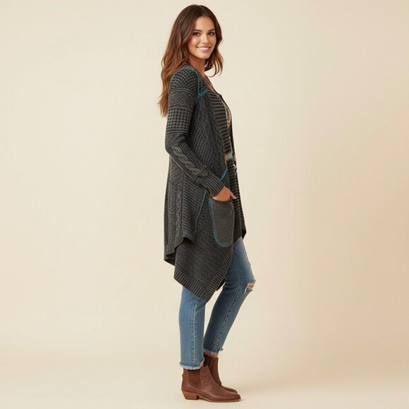 Free People Grey Patchwork Knit Duster Cardigan Sweater • Boho Coastal Cowgirl M - Picture 7 of 16